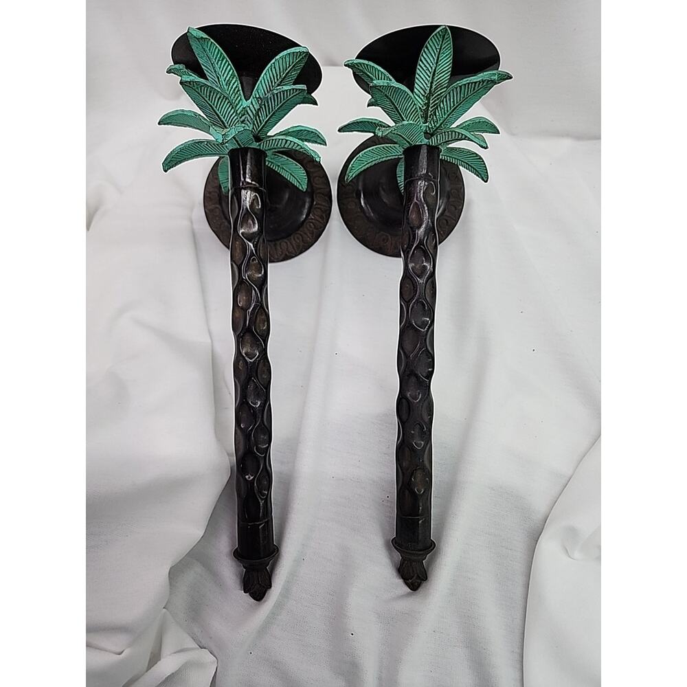Wall Candle Sconces Pair Of 2 Brass Palm Trees Made In India 13" Good Condition - Picture 13 of 15